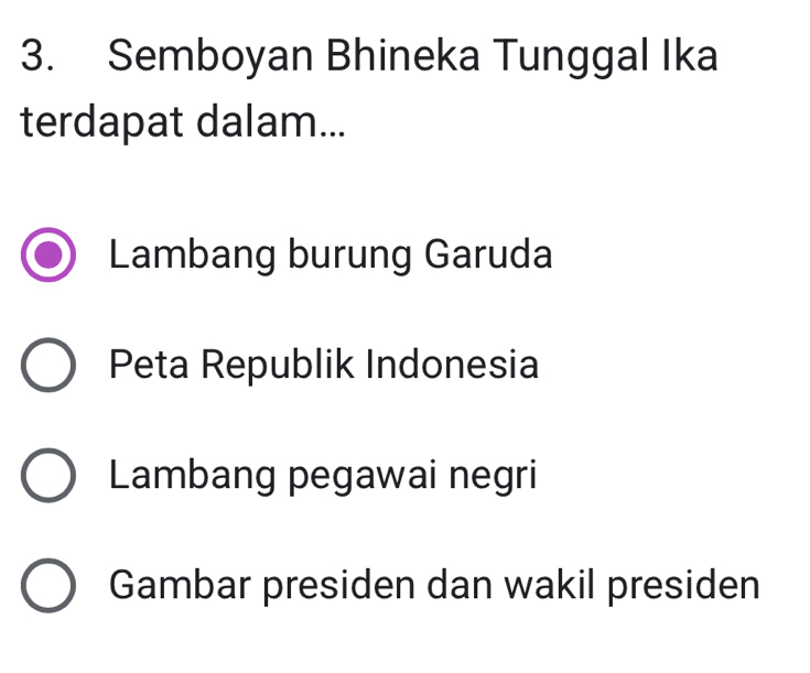 Semboyan Bhineka Tunggal Ika
terdapat dalam...
Lambang burung Garuda
Peta Republik Indonesia
Lambang pegawai negri
Gambar presiden dan wakil presiden