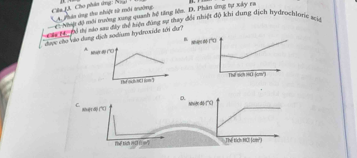 Cho phản ứng: N2(g)
A. Phân ứng thu nhiệt từ môi trường.
C. Nhiệt độ môi trường xung quanh hệ tăng lên. D. Phản ứng tự xảy ra
Cầu 14. Đồ thị nào sau đây thể hiện đủng sự thay đổi nhiệt độ khi dung dịch hydrochloric acid
được cho vào dung dịch sodium hydroxide tới dư?
B. Nhiệ
D.