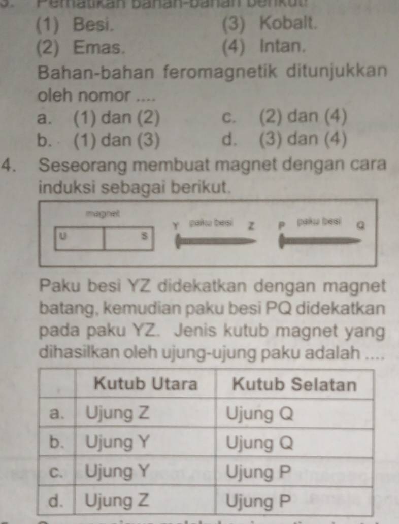 Pemaukan Danan-Danan benkut
(1) Besi. (3) Kobalt.
(2) Emas. (4) Intan.
Bahan-bahan feromagnetik ditunjukkan
oleh nomor ....
a. (1) dan (2) c. (2) dan (4)
b. (1) dan (3) d. (3) dan (4)
4. Seseorang membuat magnet dengan cara
induksi sebagai berikut.
magnet
y paku besi z p paku besi Q
u
s
Paku besi YZ didekatkan dengan magnet
batang, kemudian paku besi PQ didekatkan
pada paku YZ. Jenis kutub magnet yang
dihasilkan oleh ujung-ujung paku adalah ....