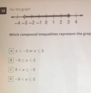 1For the graph
Which compound inequalities represent the grap
A x>-3 or x≤ 3
B -3≤ x<3</tex>
c 3
D -3