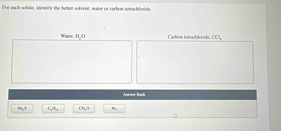 For each solute, identify the better solvent: water or carbon tetrachloride.
Water, H_2O Carbon tetrachloride, CCl_4
Answer Bank
Na_2S C_6H_14 CH_2O Br_2