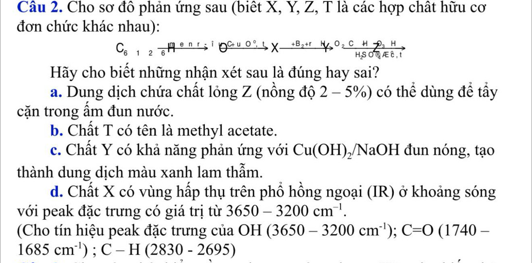 Cho sơ đô phản ứng sau (biết X, Y, Z, T là các hợp chất hữu cơ
đơn chức khác nhau):
C_6,2vector 6xrightarrow [^(enr/enr:) θ xrightarrow C+uO°,LXxrightarrow +B_2+rH_3OH_2SO_3HH_2SO_4HH_H,
Hãy cho biết những nhận xét sau là đúng hay sai?
a. Dung dịch chứa chất lỏng Z (nồng độ 2-5% ) có thể dùng đề tẩy
cặn trong ấm đun nước.
b. Chất T có tên là methyl acetate.
c. Chất Y có khả năng phản ứng với Cu(OH)_2/NaOH đun nóng, tạo
thành dung dịch màu xanh lam thẫm.
d. Chất X có vùng hấp thụ trên phổ hồng ngoại (IR) ở khoảng sóng
với peak đặc trưng có giá trị từ 3650-3200cm^(-1). 
(Cho tín hiệu peak đặc trưng của OH (3650-3200cm^(-1)); C=O(1740-
1685cm^(-1)); C-H(2830-2695)