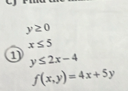 y≥ 0
x≤ 5
1 y≤ 2x-4
f(x,y)=4x+5y