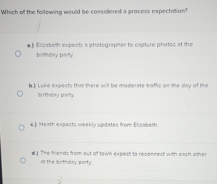 Which of the following would be considered a process expectation?.) Elizabeth expects a photographer to capture photos at the
birthday party.
b.) Luke expects that there will be moderate traffic on the day of the
birthday party.
c.) Heath expects weekly updates from Elizabeth.
d.) The friends from out of town expect to reconnect with each other
at the birthday party.