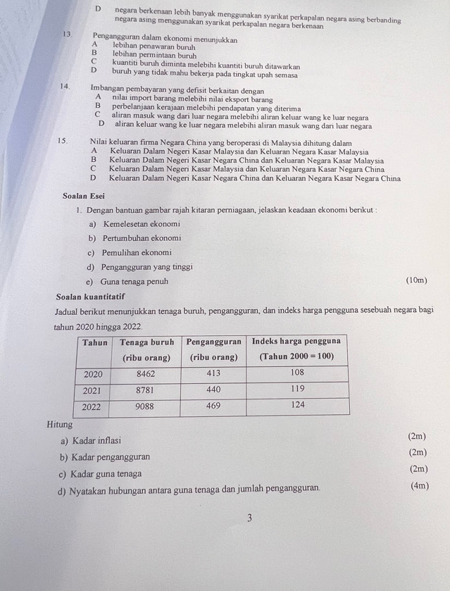 D negara berkenaan lebih banyak menggunakan syarikat perkapalan negara asing berbanding
negara asing menggunakan syarikat perkapalan negara berkenaan
13. Pengangguran dalam ekonomi menunjukkan
A lebihan penawaran buruh
B lebihan permintaan buruh
Ckuantiti buruh diminta melebihi kuantiti buruh ditawarkan
D buruh yang tidak mahu bekerja pada tingkat upah semasa
14. Imbangan pembayaran yang defisit berkaitan dengan
A nilai import barang melebihi nilai eksport barang
B perbelanjaan kerajaan melebihi pendapatan yang diterima
C aliran masuk wang dari luar negara melebihi aliran keluar wang ke luar negara
D aliran keluar wang ke luar negara melebihi aliran masuk wang dari luar negara
15. an Nilai keluaran firma Negara China yang beroperasi di Malaysia dihitung dalam
A Keluaran Dalam Negeri Kasar Malaysia dan Keluaran Negara Kasar Malaysia
B Keluaran Dalam Negeri Kasar Negara China dan Keluaran Negara Kasar Malaysia
C Keluaran Dalam Negeri Kasar Malaysia dan Keluaran Negara Kasar Negara China
D Keluaran Dalam Negeri Kasar Negara China dan Keluaran Negara Kasar Negara China
Soalan Esei
1. Dengan bantuan gambar rajah kitaran perniagaan, jelaskan keadaan ekonomi berikut :
a) Kemelesetan ekonomi
b) Pertumbuhan ekonomi
c) Pemulihan ekonomi
d) Pengangguran yang tinggi
e) Guna tenaga penuh (10m)
Soalan kuantitatif
Jadual berikut menunjukkan tenaga buruh, pengangguran, dan indeks harga pengguna sesebuah negara bagi
tahun 2020 hingga 2022.
Hitung
a) Kadar inflasi (2m)
b) Kadar pengangguran (2m) (2m)
c) Kadar guna tenaga
d) Nyatakan hubungan antara guna tenaga dan jumlah pengangguran. (4m)
3