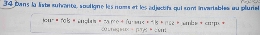 Dans la liste suivante, souligne les noms et les adjectifs qui sont invariables au pluriel 
jour • fois • anglais • calme • furieux • fils • nez • jambe • corps 
courageux * pays • dent