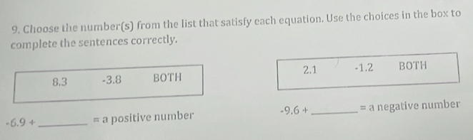 Choose the number(s) from the list that satisfy each equation. Use the choices in the box to 
complete the sentences correctly. 
2.1 -1.2 BOTH
8.3 -3.8 BOTH
-6.9+ _  =a positive number -9.6+ _= a negative number