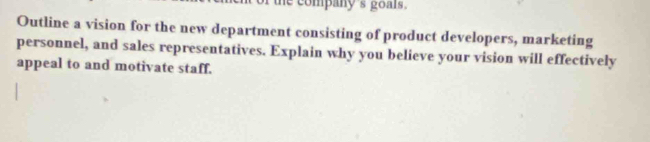 company 's goals . 
Outline a vision for the new department consisting of product developers, marketing 
personnel, and sales representatives. Explain why you believe your vision will effectively 
appeal to and motivate staff.