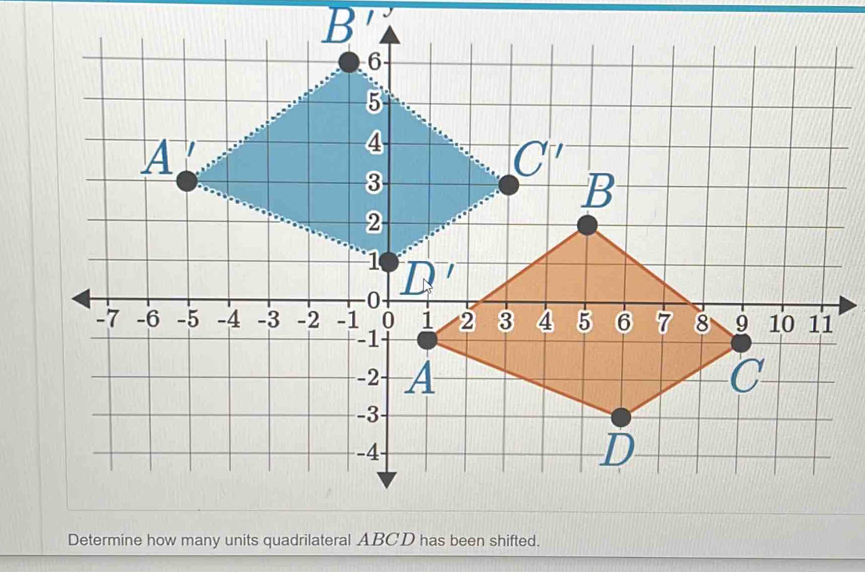 Determine how many units quadrilateral ABCD has been shifted.