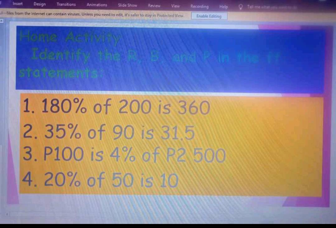 Insert Design Transitions Animations Slide Show Review View Recording Help Tell me what _ 
ul—files from the Internet can contain viruses. Unless you need to edit, it's safer to stay in Protected View. Enable Editing 
Eder 
1. 180% of 200 is 360
2. 35% of 90 is 31.5
3. P100 is 4% of P2 500
4. 20% of 50 is 10