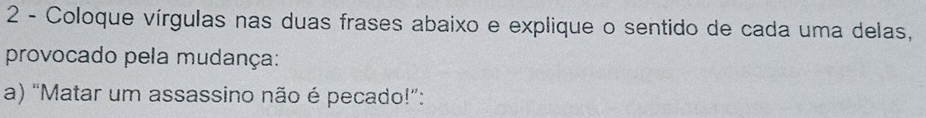 Coloque vírgulas nas duas frases abaixo e explique o sentido de cada uma delas, 
provocado pela mudança: 
a) “Matar um assassino não é pecado!”: