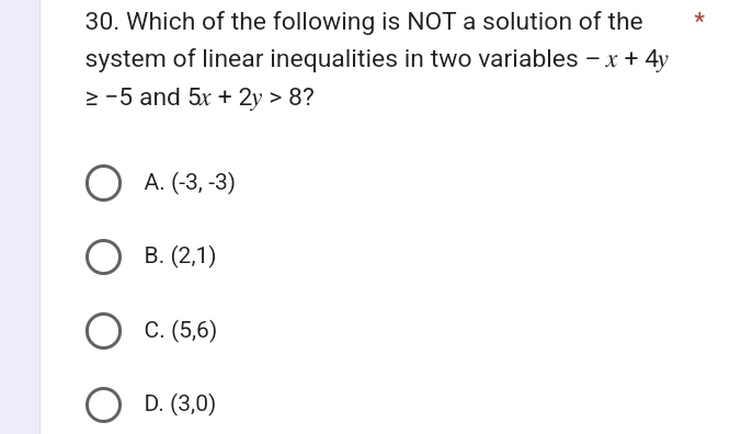 Which of the following is NOT a solution of the * *
system of linear inequalities in two variables -x+4y
≥ -5 and 5x+2y>8 ?
A. (-3,-3)
B. (2,1)
C. (5,6)
D. (3,0)