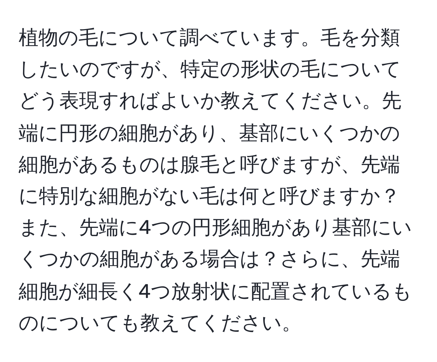 植物の毛について調べています。毛を分類したいのですが、特定の形状の毛についてどう表現すればよいか教えてください。先端に円形の細胞があり、基部にいくつかの細胞があるものは腺毛と呼びますが、先端に特別な細胞がない毛は何と呼びますか？また、先端に4つの円形細胞があり基部にいくつかの細胞がある場合は？さらに、先端細胞が細長く4つ放射状に配置されているものについても教えてください。