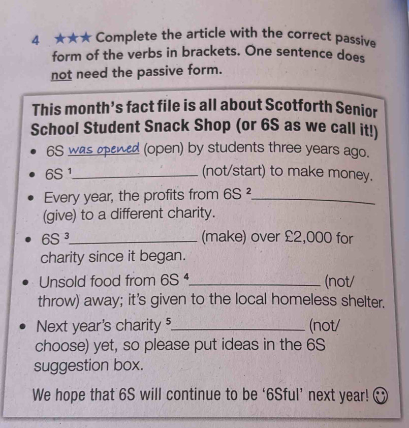 4 ★★★ Complete the article with the correct passive 
form of the verbs in brackets. One sentence does 
not need the passive form. 
This month’s fact file is all about Scotforth Senior 
School Student Snack Shop (or 6S as we call it!)
6S was opened (open) by students three years ago.
6S ¹_ (not/start) to make money. 
Every year, the profits from 6S^2 _ 
(give) to a different charity.
6S^3 _ (make) over £2,000 for 
charity since it began. 
Unsold food from 6S^4 _ (not/ 
throw) away; it's given to the local homeless shelter. 
Next year's charity 5_ (not/ 
choose) yet, so please put ideas in the 6S
suggestion box. 
We hope that 6S will continue to be ‘ 6Sful ’ next year!