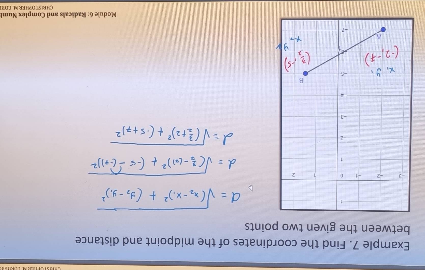 CHRSTÜPHER M. CÜRDER 
Example 7. Find the coordinates of the midpoint and distance 
between the given two points 
Module 6: Radicals and Complex Numl 
CHRISTOPHER M. COR