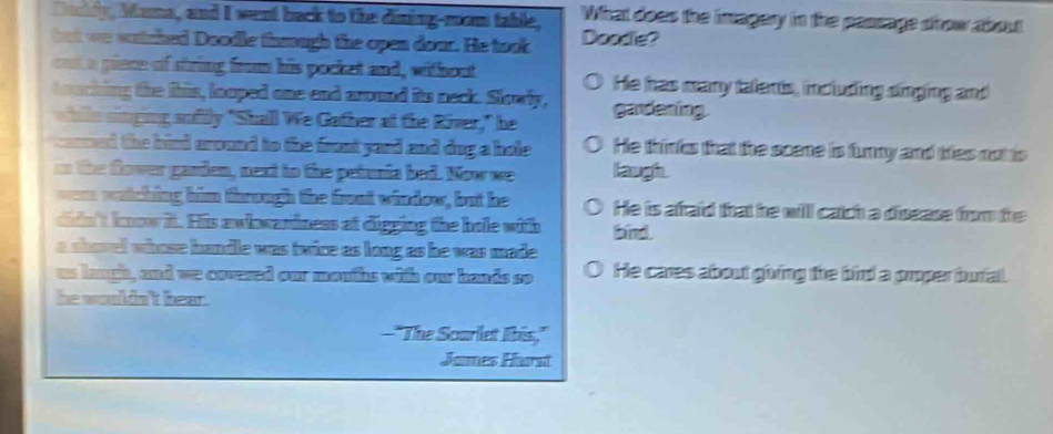 Dachdy, Mana, and I went back to the dining-mom table What does the imagery in the passage srow about
but we watched Doodie thsough the open dour. He took Doodle?
out a piece of string frum his pocket and, without He has many talents, including singing and
I
toacking the this, looped one end around its neck. Slowly,
while singing suftly "Shall We Gather at the River," he gardening
camed the bird around to the front yard and dug a hale He thinks that the scene is furry and thies not is
m the flower garden, next to the peturia bed. Now we laugh.
were watching him through the front window, but he He is afraid that he will catch a disease from the
didn't know it. His awhwariness at digging the bole with bind.
a shovel whose handle was twice as long as he was made .
us laugh, and we covsed our mouths with our hands so He cares about giving the bird a proper burial.
he wouldn't bear.
-"The Scarlet Ibis,"
James Harst