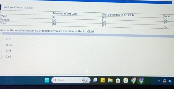 What is the relative frequency of females who are members of the Art Club?
0.50
0.25
0.76
0.65
Buscar