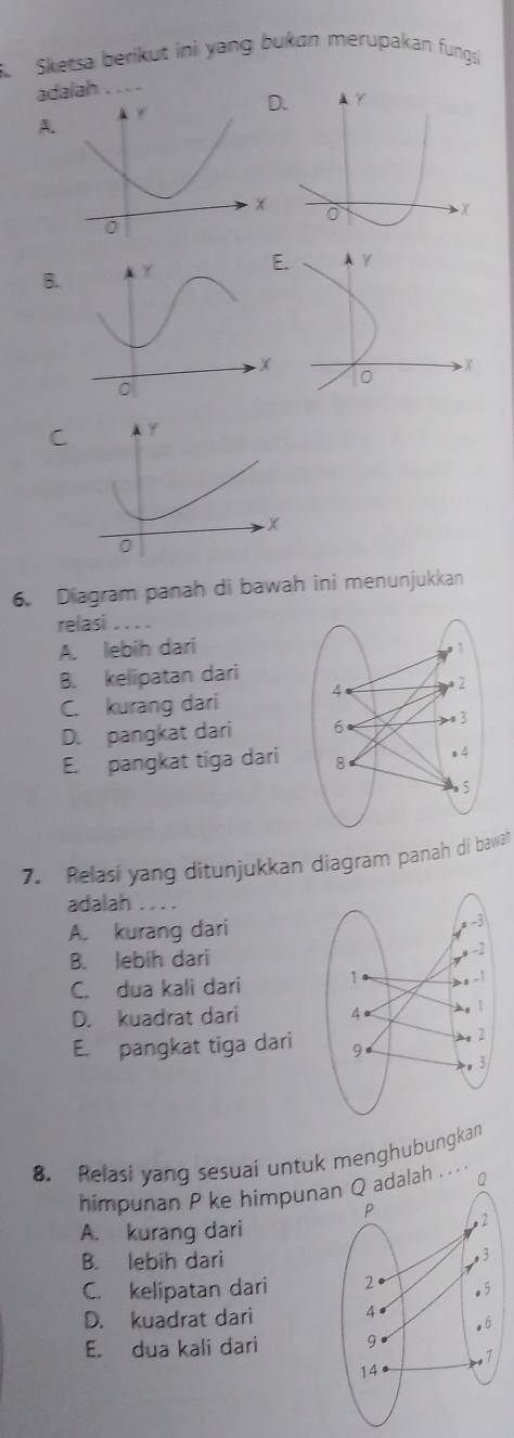 Sketsa berikut ini yang bukan merupakan fungsí
adalah_
D
A.
x
B.
C
6. Diagram panah di bawah ini menunjukkan
relasi . . . .
A. lebih dari
B. kelipatan dari
C. kurang dari
D. pangkat dari
E. pangkat tiga dari
7. Relasi yang ditunjukkan diagram panah di bawah
adalah . .
A. kurang dari
B. lebih dari
C. dua kali dari
D. kuadrat dari
E. pangkat tiga dari 
8. Relasi yang sesuai untuk menghubungkan
himpunan P ke himpunan Q adalah ...
A. kurang dari
B. lebih dari
C. kelipatan dari
D. kuadrat dari
E. dua kali dari