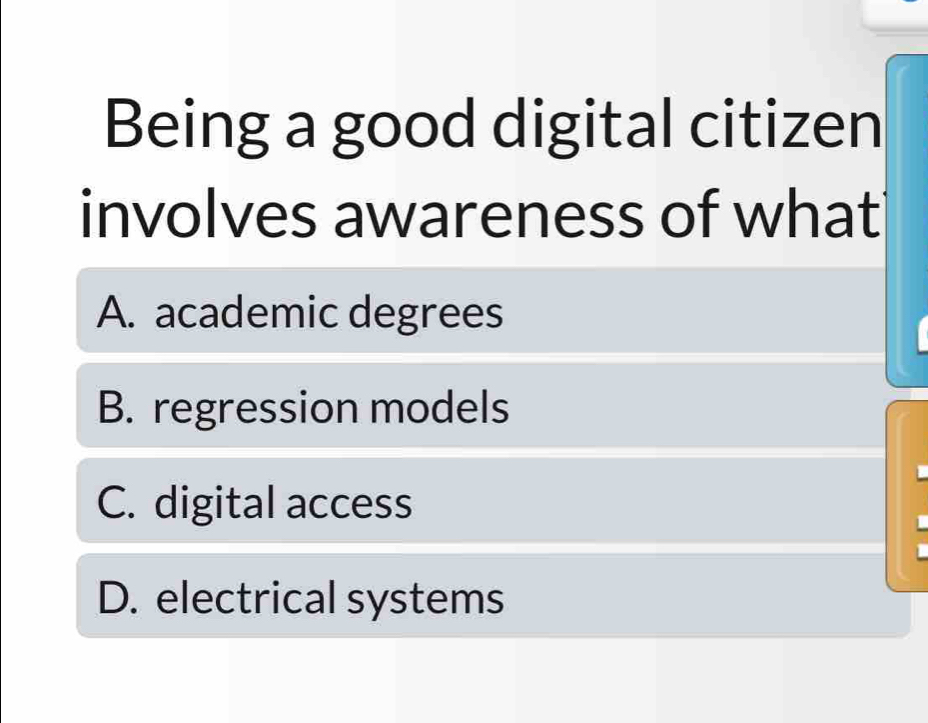 Being a good digital citizen
involves awareness of what
A. academic degrees
B. regression models
C. digital access
D. electrical systems