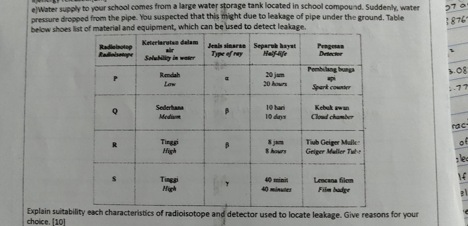 Water supply to your school comes from a large water storage tank located in school compound. Suddenly, water 
pressure dropped from the pipe. You suspected that this might due to leakage of pipe under the ground. Table 
below shoes lin be used to detect leakage.
3.0º
77 
rac 
ot 

31 
Explain suitabilof radioisotope and detector used to locate leakage. Give reasons for your 
choice. [10]