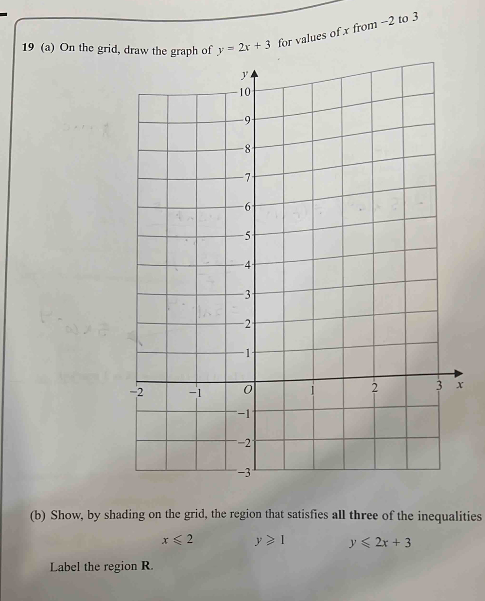 19 (a) On the grid, d y=2x+3 for values of x from −2 to 3
(b) Show, by shading on the grid, the region that satisfies all three of the inequalities
x≤slant 2
y≥slant 1
y≤slant 2x+3
Label the region R.