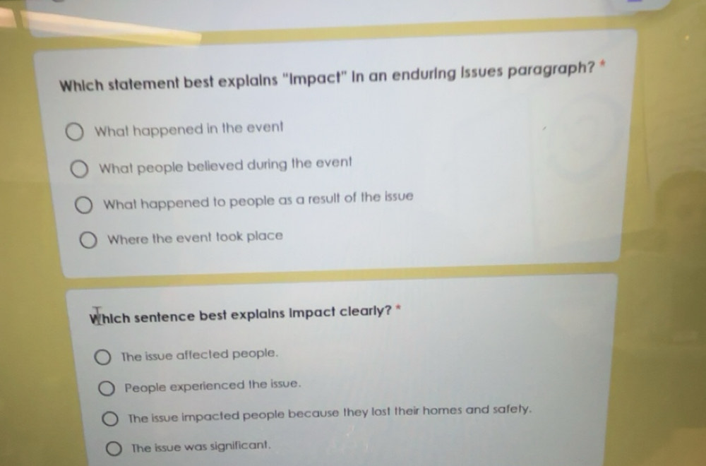 Solved: Which statement best explains “Impact" in an enduring issues ...