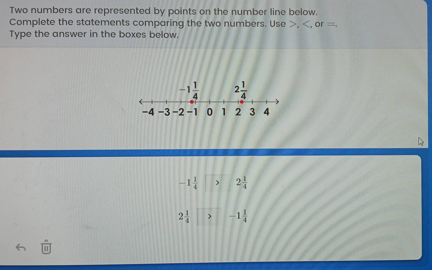 Two numbers are represented by points on the number line below.
Complete the statements comparing the two numbers. Use >,
-1 1/4  2 1/4 
2 1/4  -1 1/4 