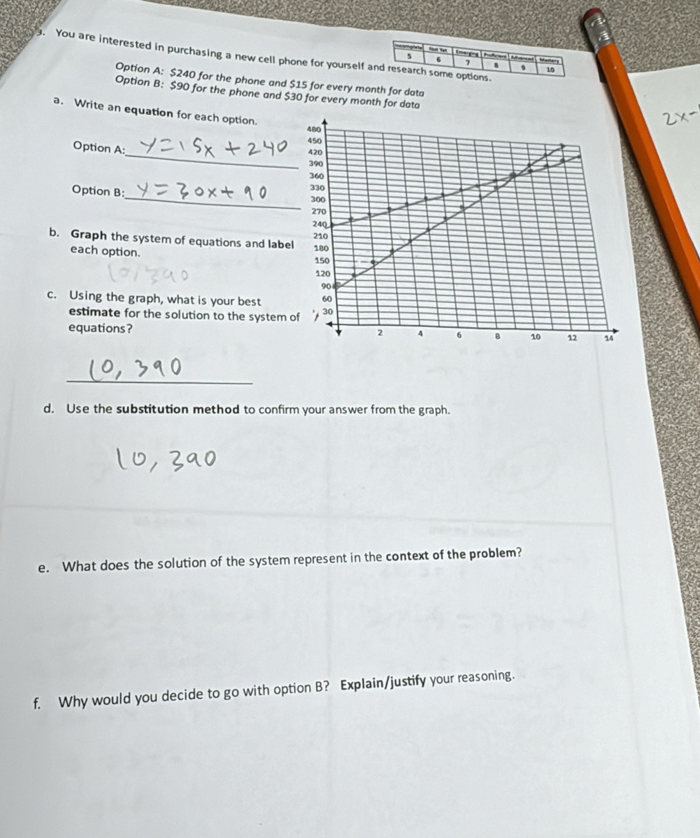You are interested in purchasing a new cell phone for yourself and research some options. 
lutaestor
5 6 7 a 9 10
Option A: $240 for the phone and $15 for every month for data 
Option B: $90 for the phone and $30 for every month for data 
a. Write an equation for each option. 
Option A: 
_ 
_ 
Option B: 
b. Graph the system of equations and labe 
each option. 
c. Using the graph, what is your best 
estimate for the solution to the system 
equations? 
_ 
d. Use the substitution method to confirm your answer from the graph. 
e. What does the solution of the system represent in the context of the problem? 
f. Why would you decide to go with option B? Explain/justify your reasoning.