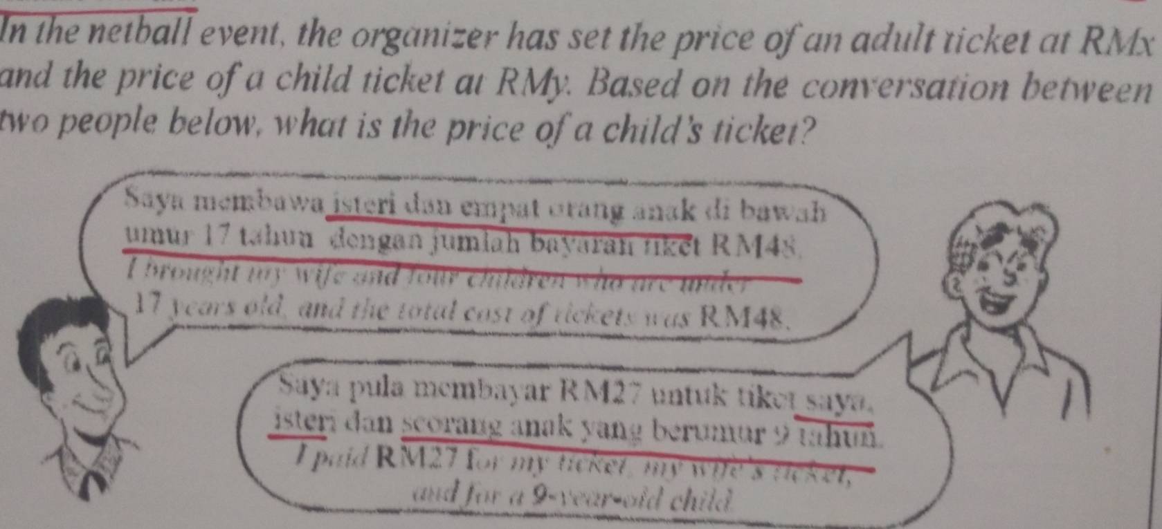 In the netball event, the organizer has set the price of an adult ticket at RMx
and the price of a child ticket at RMy. Based on the conversation between 
two people below, what is the price of a child's ticket? 
Saya membawa isteri dan empat orang anak di bawah 
umur 17 tahun dengan jumlah bayaran liket RM48. 
I brought my wife and four children who are under
17 years old, and the total cost of tickets was RM48. 
Saya pula membayar RM27 untuk tiket saya 
isteri dan scorang anak yang berumur 9 tahun. 
I paid RM27 for my ticket, my wife's ticket, 
and for a 9-year -old child .