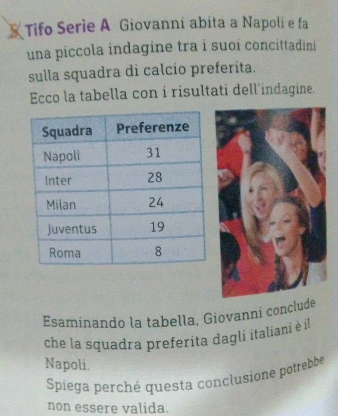 Tifo Serie A Giovanní abita a Napoli e fa 
una piccola indagine tra i suoi concittadini 
sulla squadra di calcio preferita. 
Ecco la tabella con i risultati dell'indagine. 
Esaminando la tabella, Giovanni conclude 
che la squadra preferita dagli italiani è il 
Napoli. 
Spiega perché questa conclusione potrebbe 
non essere valida.