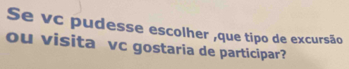 Se vc pudesse escolher ,que tipo de excursão 
ou visita vc gostaria de participar?