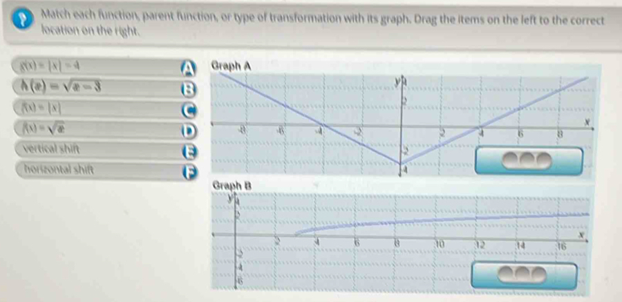 Match each function, parent function, or type of transformation with its graph. Drag the items on the left to the correct
location on the right.
g(x)=|x|=4
h(x)=sqrt(x-3)
f(x)=|x|
f(x)=sqrt(x)
vertical shift
horizontal shift