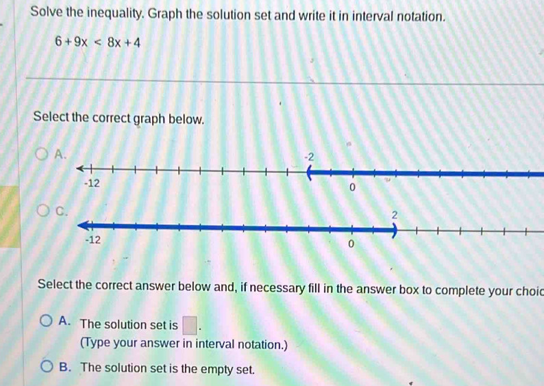 Solve the inequality. Graph the solution set and write it in interval notation.
6+9x<8x+4
Select the correct graph below.
Select the correct answer below and, if necessary fill in the answer box to complete your choid
A. The solution set is □. 
(Type your answer in interval notation.)
B. The solution set is the empty set.