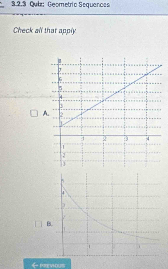 Geometric Sequences
Check all that apply.
A
B
PREVIOUS