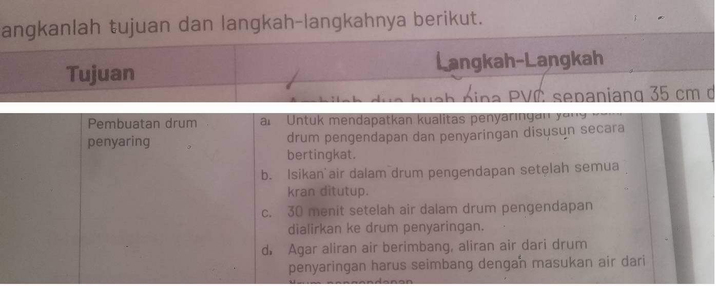 angkanlah tujuan dan langkah-langkahnya berikut.
Tujuan
Langkah-Langkah
a PVC sepaniang 35 cm ở
Pembuatan drum Untu k mendapatkan kualitas penyarin a 
penyaring drum pengendapan dan penyaringan disųsųn secara
bertingkat.
b. Isikan air dalam drum pengendapan setelah semua
kran ditutup.
c. 30 menit setelah air dalam drum pengendapan
dialirkan ke drum penyaringan.
d Agar aliran air berimbang, aliran air dari drum
penyaringan harus seimbang dengan masukan air dari