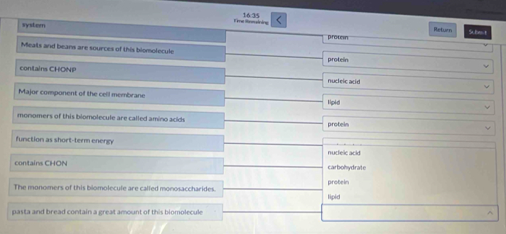 Te Remainine
16:35 Return
system protein Subm t
Meats and beans are sources of this biomolecule
protein
contains CHONP nucleic acid
Major component of the cell membrane
lipid
monomers of this biomolecule are called amino acids
protein
function as short-term energy
nucleic acid
contains CHON carbohydrate
The monomers of this biomolecule are called monosaccharides. protein lipid
pasta and bread contain a great amount of this biomolecule