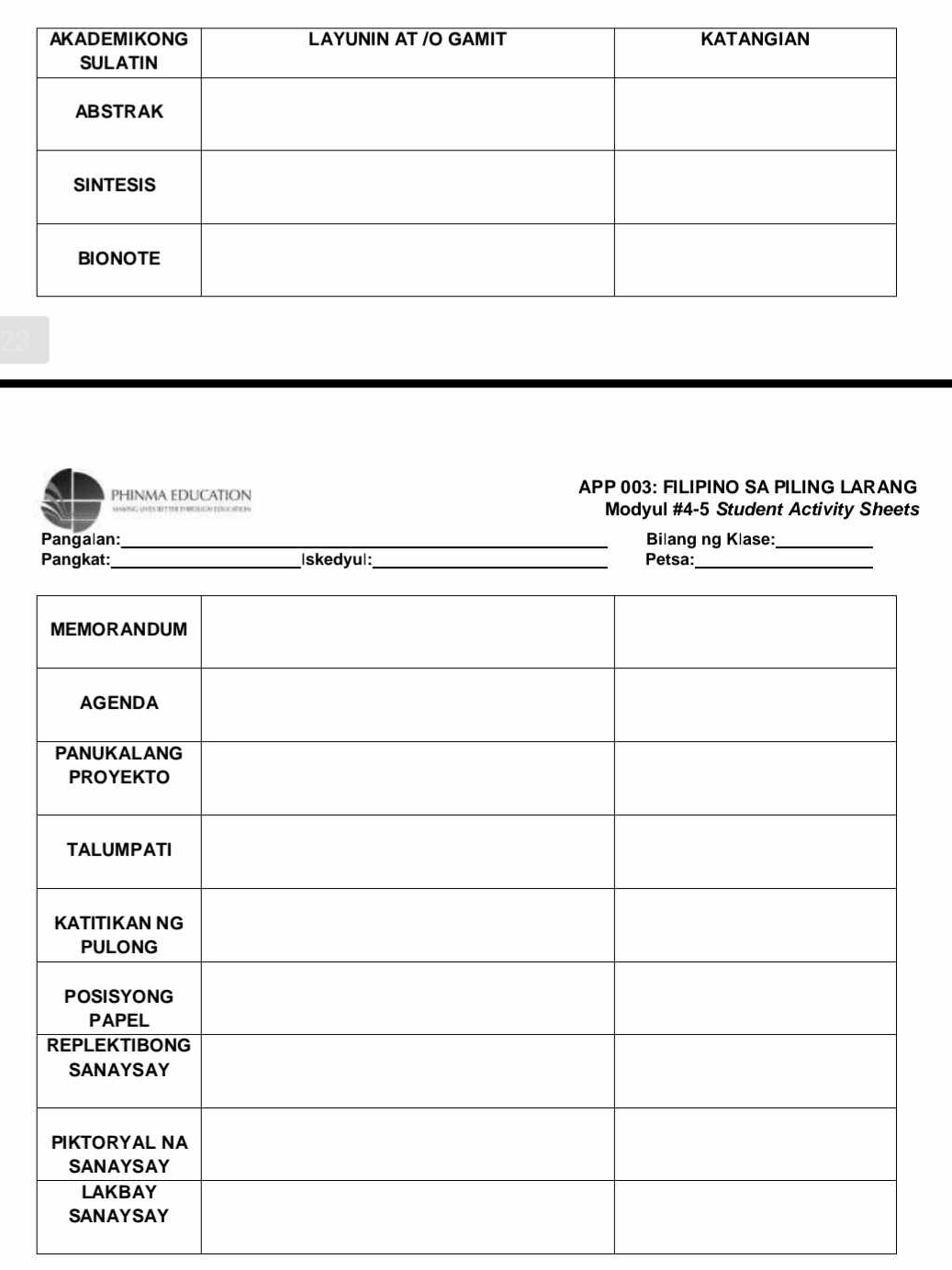 PHINMA EDUCATION APP 003: FILIPINO SA PILING LARANG 
Modyul #4-5 Student Activity Sheets