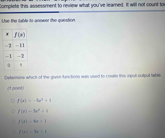 Complete this assessment to review what you've learned. It will not count to
Use the table to answer the question.
Determine which of the given functions was used to create this input-output table.
(1 point)
f(x)=-3x^2+1
f(x)=3x^2+1
f(x)=6x+1
f(x)=3x+1