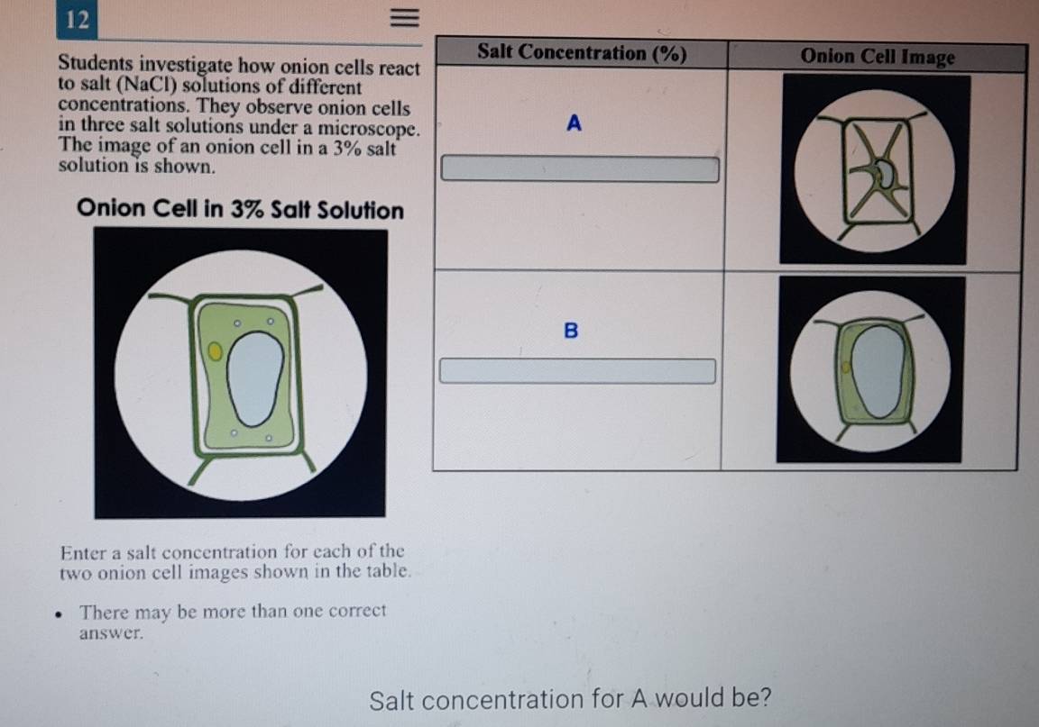 Students investigate how onion cells rea 
to salt (NaCl) solutions of different 
concentrations. They observe onion cell 
in three salt solutions under a microscop 
The image of an onion cell in a 3% salt 
solution is shown. 
Onion Cell in 3% Salt Solution 
Enter a salt concentration for each of the 
two onion cell images shown in the table. 
There may be more than one correct 
answer. 
Salt concentration for A would be?