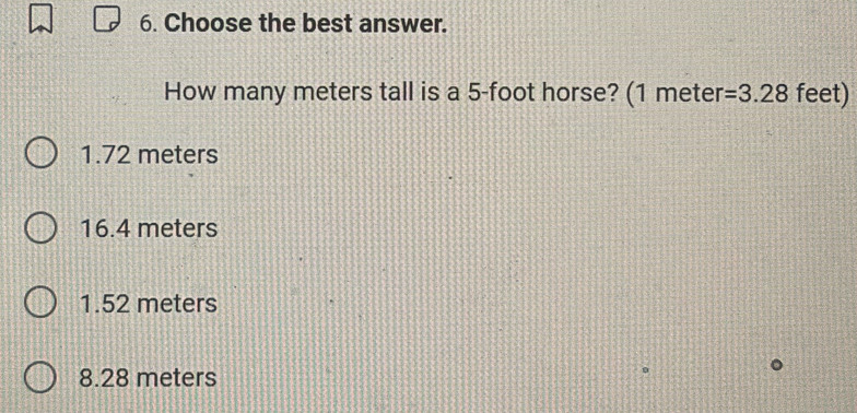 Solved: Choose the best answer. How many meters tall is a 5-foot horse ...