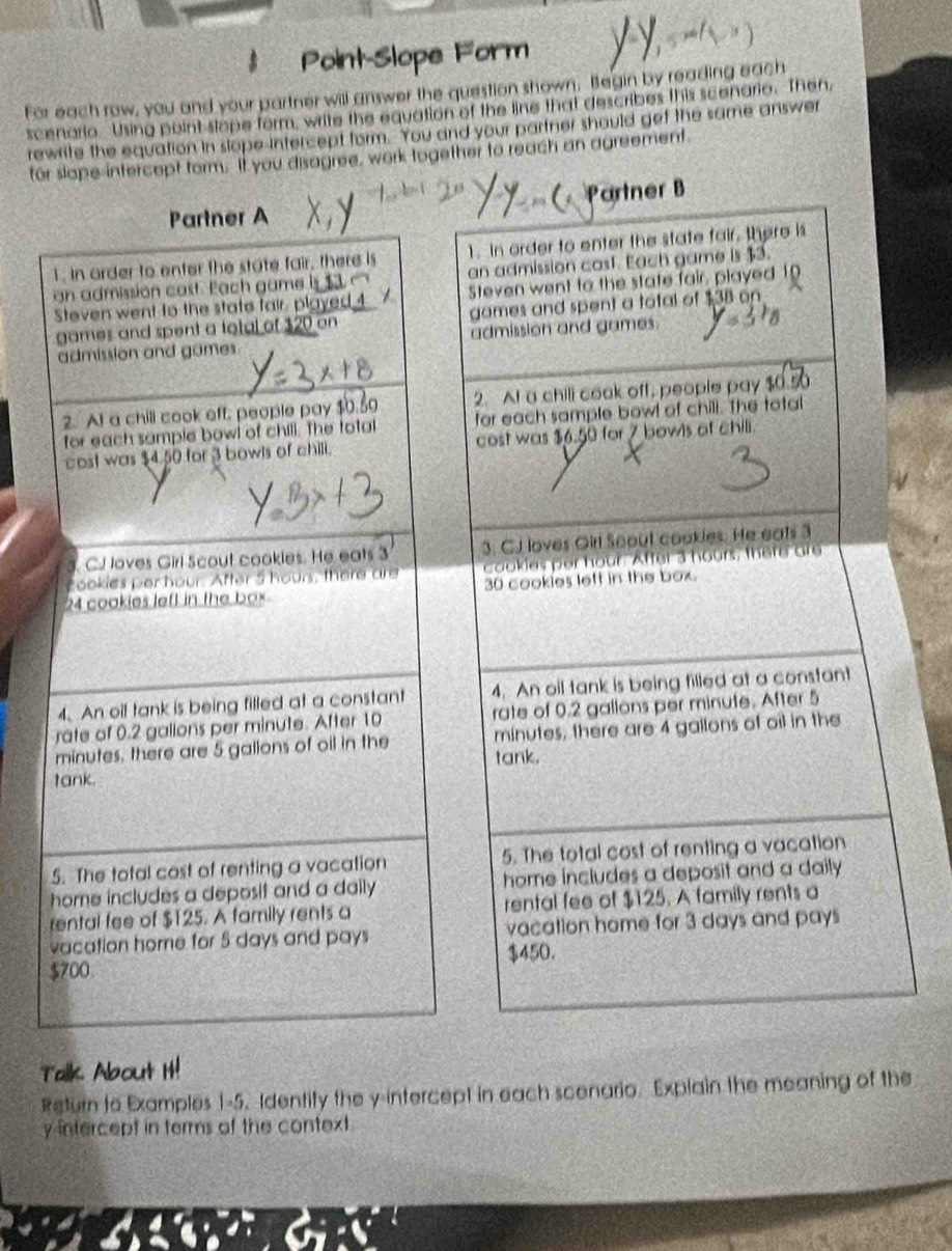 Point-Slope Form 
For each row, you and your partner will answer the question shown. Begin by reading each 
scenario Using point slope form, write the equation of the line that describes this scenario. Then, 
rewrite the equation in slope intercept form. You and your partner should get the same answer 
for slope intercept form. It you disagree, work together to reach an agreement 
Partner A Partner B 
1. In order to enter the state fair, there is 1. In order to enter the state fair, there is 
an admission cast. Each game is $3 c an admission cast. Each game is $3. 
Steven went to the state fair, played 4 Steven went to the state fair, played 10
games and spent a total of $20 an games and spent a total of $38 on 
admission and games. admission and games. 
2. At a chill cook eff, people pay $0.50 2. AI a chill cook off, people pay $0.50
for each sample bowl of chill. The total for each sample bowl of chill. The total 
cost was $4.50 for 3 bowls of chill. cost was $6.50 for 7 bowls of chill. 
CJ loves Girl Scout cookles. He eats 3 3. CJ loves Girl Seout cookies. He eats 3
ookies per hour. After 5 hours, there are cookles per hour. After 3 hours, there are
24 coakies left in the box 30 cookies left in the box. 
4. An oil tank is being filled at a constant 4. An oil tank is being filled at a constant 
rate of 0.2 galions per minute. After 10 rate of 0.2 gallons per minute. After 5
minutes, there are 5 gallons of oil in the tank. minutes, there are 4 gallons of oil in the 
tank. 
5. The total cost of renting a vacation 5. The total cost of renting a vacation 
home includes a deposif and a daily home includes a deposit and a daily 
rental fee of $125. A family rents a rental fee of $125. A family rents a 
vacation home for 5 days and pays vacation home for 3 days and pays
$450.
$700
Talk About H! 
Return to Examples 1-5. Identity the y-intercept in each scenario. Explain the meaning of the
y intercept in terms of the context.