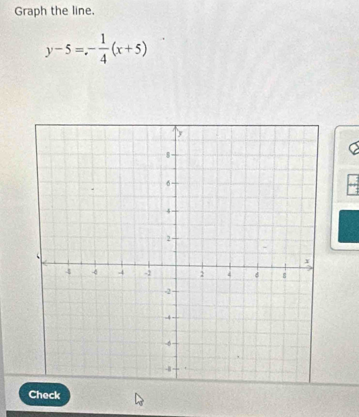 Graph the line.
y-5=- 1/4 (x+5)
Check