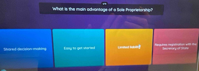 What is the main advantage of a Sole Proprietorship?
Shared decision-making Easy to get started Limited liability Requires registration with the Secretary of State