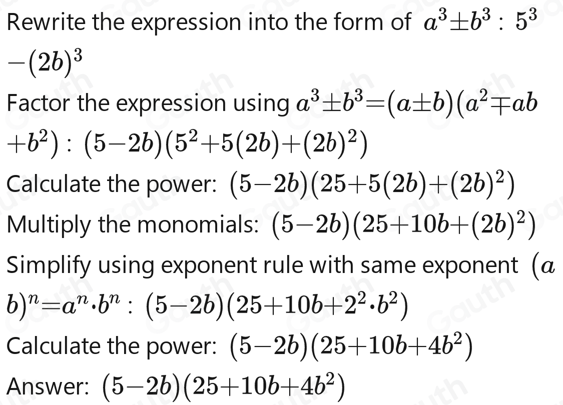 Solved: Nu8Nn~LTyNDUVD√] 125-8b^3 (5-2b)(25+10b+2b^2) (5+2b)(25-10b+4b ...