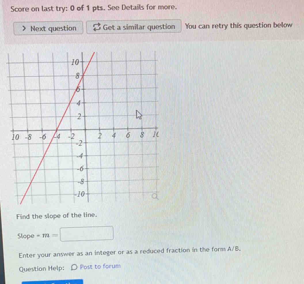 Score on last try: 0 of 1 pts. See Details for more. 
Next question Get a similar question You can retry this question below 
Find the slope of the line. 
Slope =m= □
Enter your answer as an integer or as a reduced fraction in the form A/B. 
Question Help: Post to forum