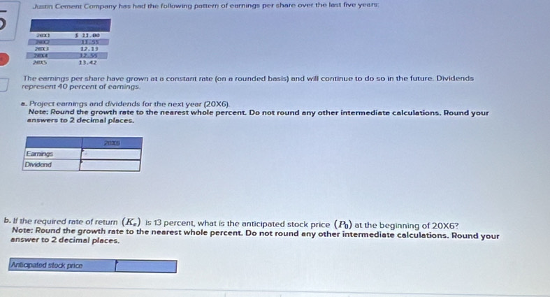 Justin Cement Company has had the following pattern of earnings per share over the last five years; 
The earnings per share have grown at a constant rate (on a rounded basis) and will continue to do so in the future. Dividends 
represent 40 percent of eamings 
#. Project earnings and dividends for the next year (20X6) 
Note: Round the growth rate to the nearest whole percent. Do not round any other intermediate calculations. Round your 
answers to 2 decimal places. 
b. If the required rate of return (K_a) is 13 percent, what is the anticipated stock price (P_0) at the beginning of 20X6? 
Note: Round the growth rate to the nearest whole percent. Do not round any other intermediate calculations. Round your 
answer to 2 decimal places. 
Anticipated stock price