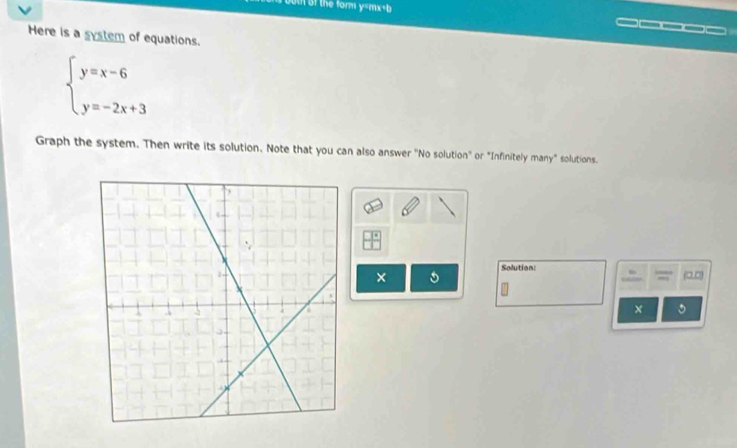 0uth of the form y=mx+b
Here is a system of equations.
beginarrayl y=x-6 y=-2x+3endarray.
Graph the system. Then write its solution. Note that you can also answer 'No solution" or "Infinitely many" solutions. 
Solution: 
× 5 (□,C)