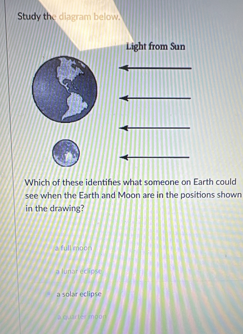 th could
see when the Earth and Moon are in the positions shown
in the drawing?
a full moon
a lunar eclipse
a solar eclipse
a quarter moon