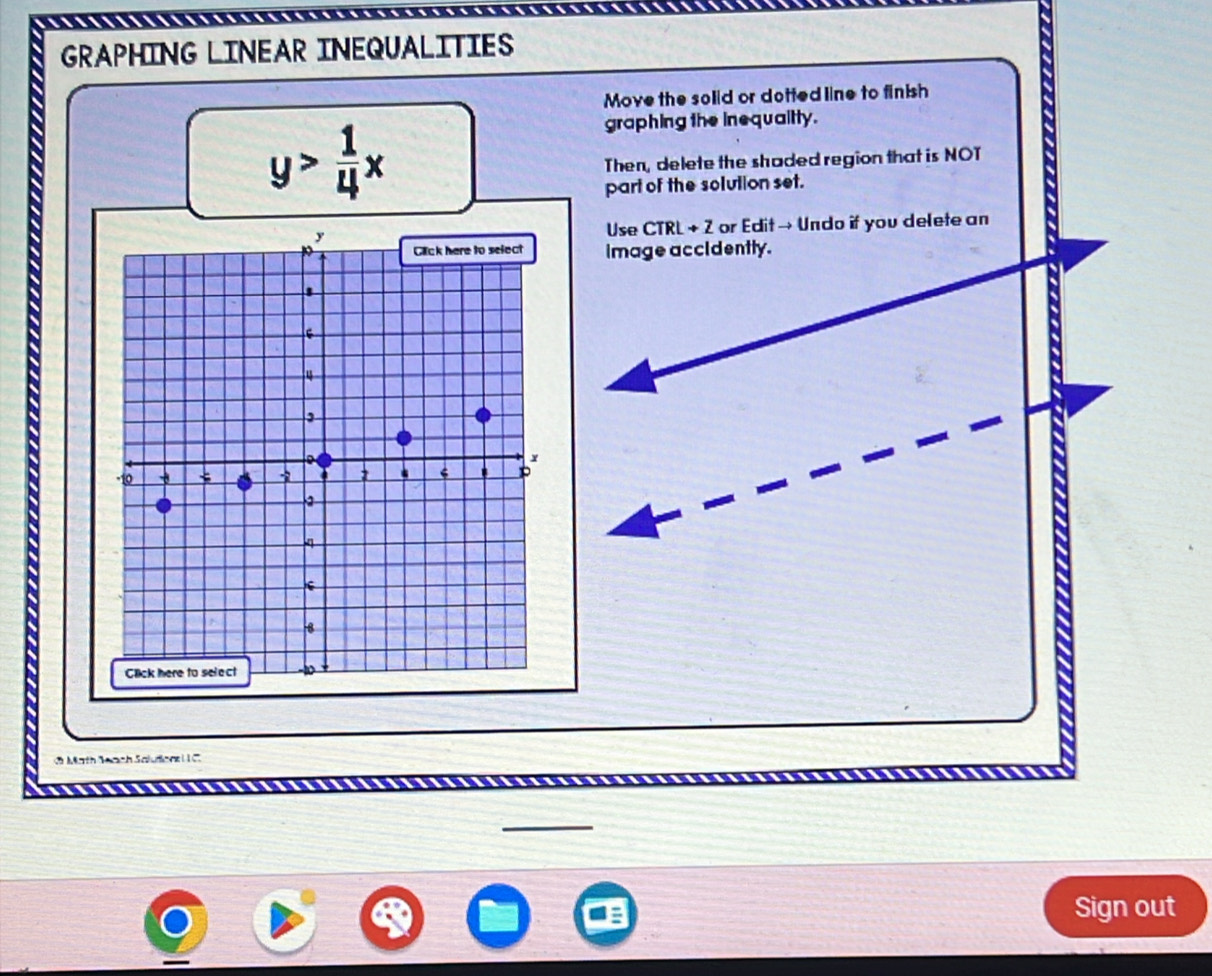 GRAPHING LINEAR INEQUALITIES 
Move the solid or dotted line to finish
y> 1/4 x
graphing the inequaiity. 
Then, delete the shaded region that is NOT 
part of the solution set. 
Use CTRL + 2 or Edit → Undo if you delete an 
image accidently. 
M9th Meach Saludioar l 1 C 
Sign out