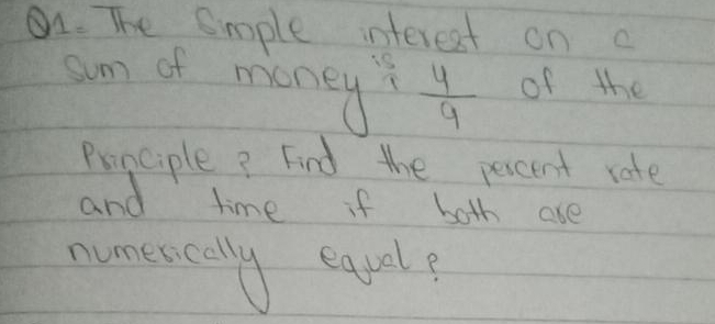 The Simple interest on c 
am of money  4/9  of the 
Principle? Find the percent rate 
and time if both are 
numescally equale